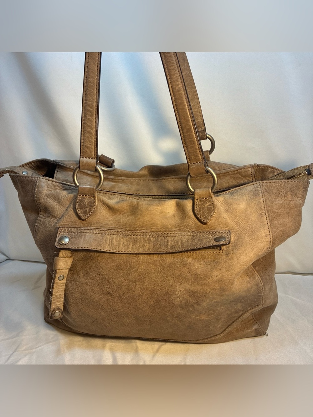 Frye Melissa Brown Distressed Leather Zip Tote Shoulder Bag Large READ